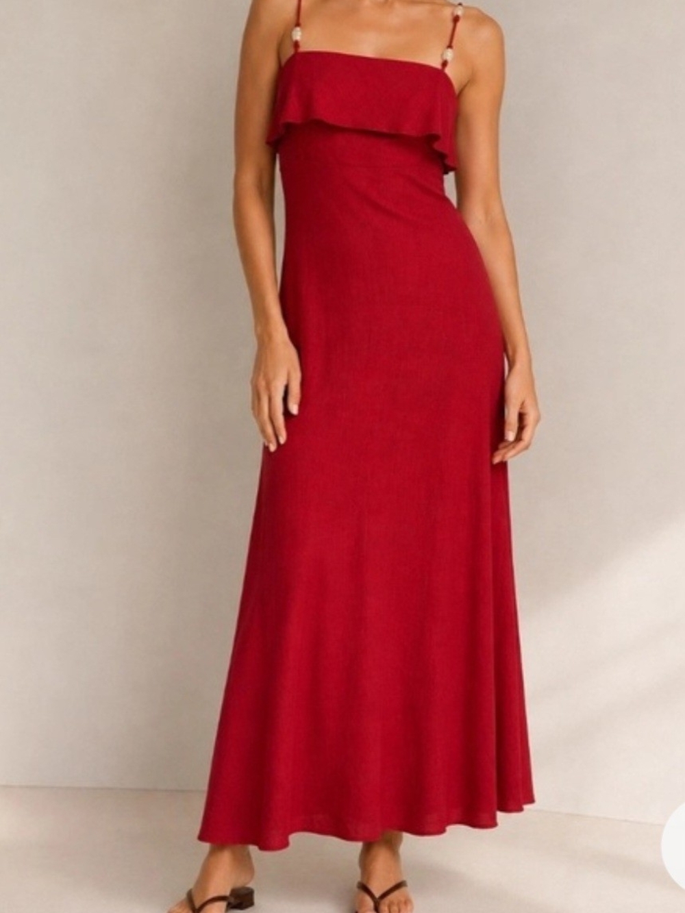 Elegant Red Ruffle & Pearls Linen Maxi Dress with Spaghetti Straps